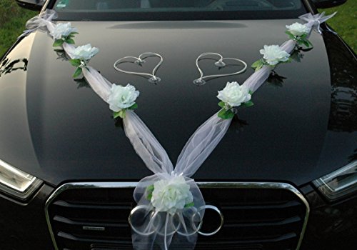 Organza M + Herzen Braut Paar Rose Deko Dekoration Autoschmuck Hochzeit Car Auto Wedding Deko Ratan Girlande ®Auto-schmuck PKW (Weiß/Weiß/Weiß) von Auto-schmuck so einfach so kreativ