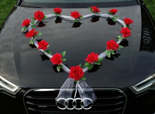 Organza Herz Auto Schmuck Braut Paar Rose Deko Dekoration Autoschmuck Hochzeit Car Auto Wedding Deko Girlande PKW (Rot/Weiß) von Auto-schmuck so einfach so kreativ