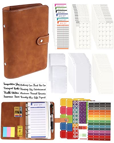 A6 Binder Budget Planner Notizbuch - 89pcs Leder Ringbuchordner Set, 6 Löcher Loseblatt Notebook Ordner Geld Sparen Mappe mit Budgetkarte/Kalender Karte/PVC Tasche/Refill Paper/Etikettenaufklebern von Autwogo