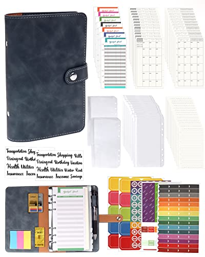 A6 Binder Budget Planner Notizbuch - 89pcs Leder Ringbuchordner Set, 6 Löcher Loseblatt Notebook Ordner Geld Sparen Mappe mit Budgetkarte/Kalender Karte/PVC Tasche/Refill Paper/Etikettenaufklebern von Autwogo