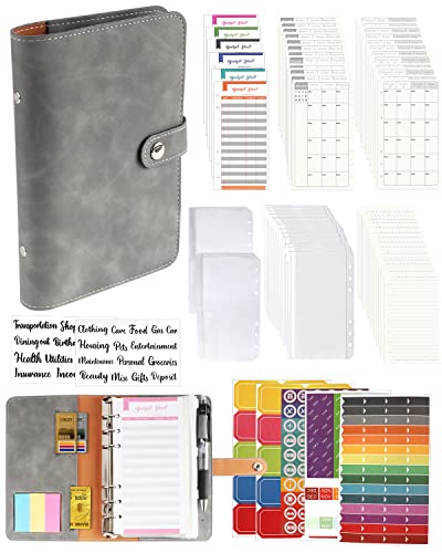 A6 Binder Budget Planner Notizbuch - 89pcs Leder Ringbuchordner Set, 6 Löcher Loseblatt Notebook Ordner Geld Sparen Mappe mit Budgetkarte/Kalender Karte/PVC Tasche/Refill Paper/Etikettenaufklebern von Autwogo