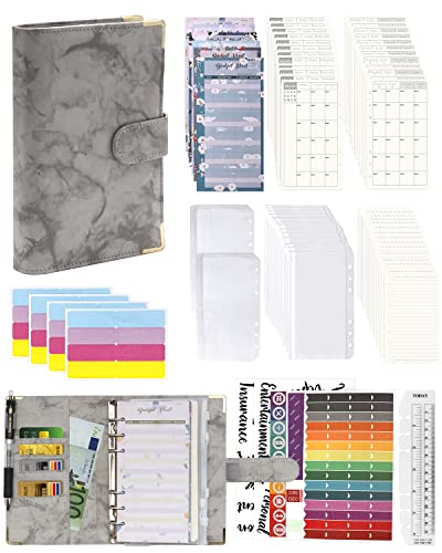 A6 Binder Budget Planner Notizbuch - 92pcs Leder Ringbuchordner Set, 6 Löcher Loseblatt Notebook Ordner Geld Sparen Mappe mit Budgetkarte/Kalender Karte/PVC Tasche/Refill Paper/Etikettenaufklebern von Autwogo