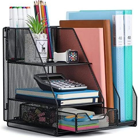 Auvo ADO02 Schreibtisch-Organizer aus Metallgeflecht mit Aktenhalter, 1 Schublade, 2-stöckige Papier-Briefablage, 2 vertikale Aktenhalter, 3 Stifthalter für Bürobedarf, Schwarz von Auvo