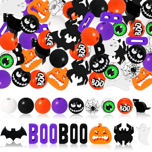 Halloween-Holzperlen, schwarz, orange, lila, rund, lose Perlen, Fledermaus, Kürbis, Geist, Holzperlen, für Süßes oder Leckereien, Party, DIY-Girlande, Schmuckherstellung, Heimdekoration, 180 Stück Halloween-Holzperlen, schwarz, orange, lila, rund, lose Perlen, Fledermaus, Kürbis, Geist, Holzperlen, für Süßes oder Leckereien, Party, DIY-Girlande, Schmuckherstellung, Heimdekoration, 180 Stück von Auzesto