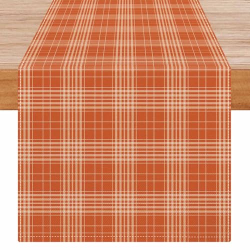 Avalune Herbst Tischläufer Orange Kariert Tischdeko Esstisch Modern Rustikal Geometrische Tisch Läufer Abwaschbar Herbstdeko für Küche Innen Outdoor Party Garten Hochzeit Esszimmer Deko 33x183 cm von Avalune