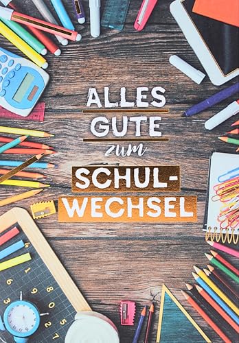 AvanCarte Grußkarte zum Schulwechsel 11,5 x 17 cm – „Alles Gute zum Schulwechsel“ – mit Schulutensilien-Motiv und gelbem Umschlag – FSC-zertifizierte Klappkarte – Marke von AvanCarte
