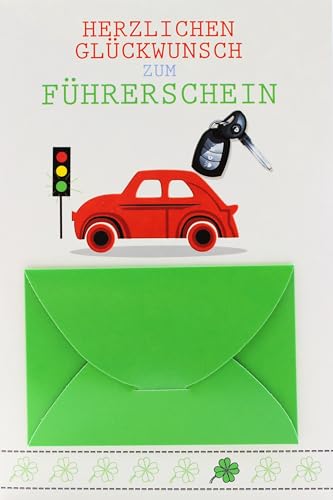 Führerschein Glückwunschkarte mit Geldtasche – Klappkarte 11,5 x 17 cm – Auto, Schlüssel, Ampel – inkl. grünem Umschlag – Karte zur Fahrprüfung – Geschenk für Fahrschüler Junge Mädchen von AvanCarte