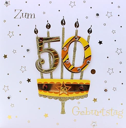 Geburtstagskarte 50 Jahre – große 21 x 21 cm Klappkarte mit Glitzer, Applikationen & Umschlag – Glückwunschkarte für Männer & Frauen von AvanCarte