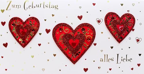 Geburtstagskarte mit Glitzer-Herzen – Klappkarte „Zum Geburtstag – Alles Liebe“ mit Applikationen & Goldschrift – 22 x 11,5 cm inkl. Umschlag von AvanCarte