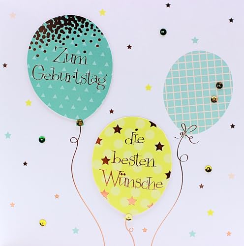 Geburtstagskarte mit Luftballons Motiv – große 21 x 21 cm Klappkarte mit Pailletten, Glitzer & schimmernder Schrift – inkl. Umschlag, Grußkarte Glückwunschkarte von AvanCarte