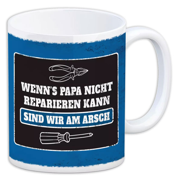 Kaffeebecher "Wenn&#039;s Papa nicht reparieren kann..." aus Keramik, 330ml von Avandu GmbH