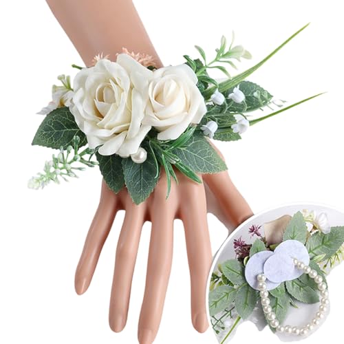 Avejjbaey Elegante Handgelenk-Blume, realistische Rosen-Boutonniere für Mädchen, Hochzeit, Brautjungfern, Armbänder in klassischer Farbe optional von Avejjbaey