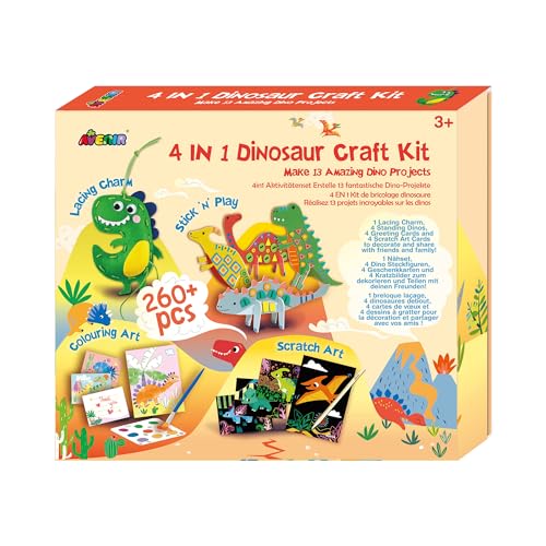 Avenir 6301773 Kreativset Dinosaurier, 4in1 Bastelset mit 13 DIY Projekten, Basteln, Nähen, Wasserfarben, Kratzbilder, für Kinder ab 3 Jahren von Avenir