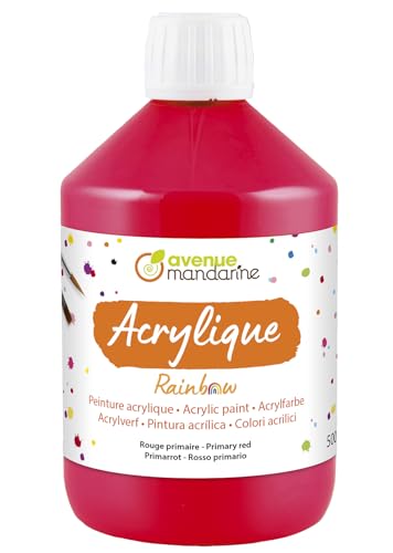 AVENUE MANDARINE RB0250500460C - Flasche Rainbow Schul-Acrylfarbe auf Wasserbasis für Kinder, 500 ML, ideal für Kita & DIY-Aktivitäten, Matt Primärrot, 1 Stück von Avenue Mandarine