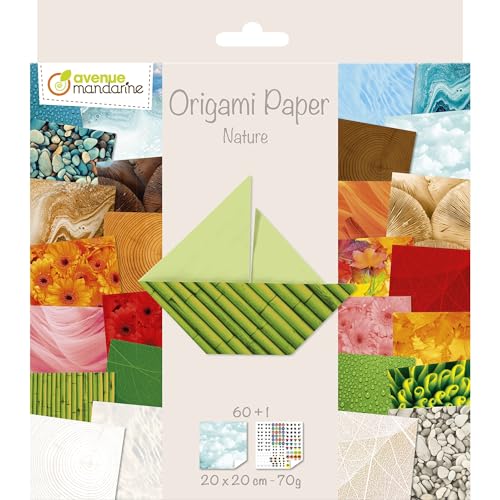Avenue Mandarine 52503MD Origami color Papier (quadratisch, 20 x 20 cm, mit Faltanleitung, 60 verschiedenen Blätter und 1 Blatt mit Augenset, Natur) von Avenue Mandarine