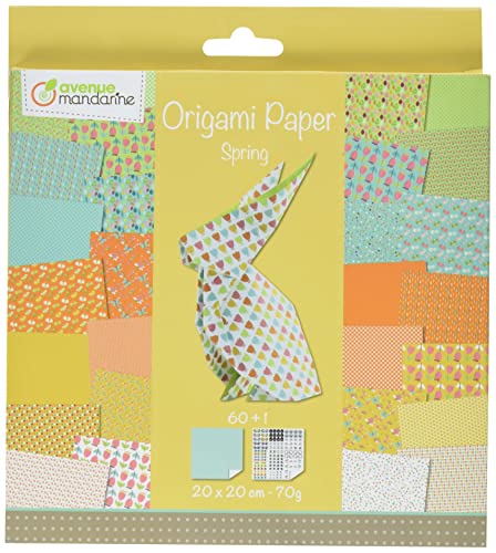 Avenue Mandarine OR505O - Packung mit 60 Blatt Origamipapier beidseitig bedruckt 20x20 cm, 70g (30 Motiven x2) + 1 Bogen mit selbstklebenden Augen, ideal für Kinder ab 7 Jahren, Spring, 1 Pack von Avenue Mandarine