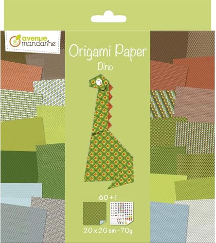 Avenue Mandarine OR512C - Packung Origami Papier mit 60 Blatt, beidseitig bedruckt, 20x20cm, 70g, + 1 Bogen Augen Stickers, ideal ab 7 Jahren, Dino, 1 Pack von Avenue Mandarine