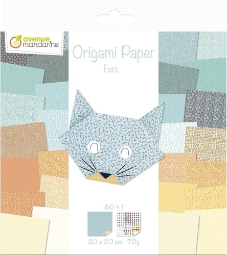 Avenue Mandarine OR513C - Packung Origami Papier mit 60 Blatt, beidseitig bedruckt, 20x20cm, 70g, + 1 Bogen Augen Stickers, ideal ab 7 Jahren, Fell, 1 Pack von Avenue Mandarine