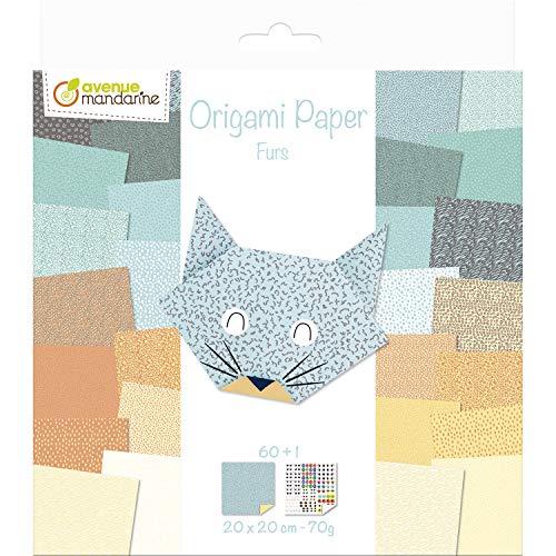 Avenue Mandarine OR513C - Packung Origami Papier mit 60 Blatt, beidseitig bedruckt, 20x20cm, 70g, + 1 Bogen Augen Stickers, ideal ab 7 Jahren, Fell, 1 Pack von Avenue Mandarine