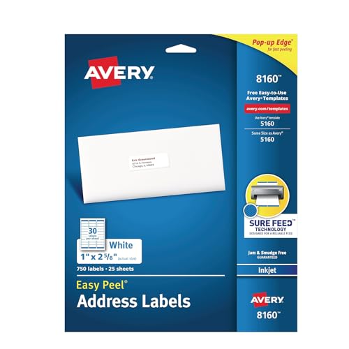 Avery 08160 Adressetiketten für Tintenstrahldrucker, leicht ablösbar, 2,5 x 6,4 cm, Weiß, 750 Stück von Avery Dennison