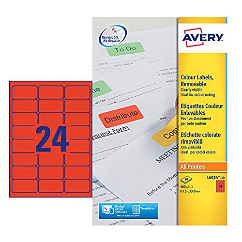 Avery Coloured Labels Laser 24 per Sheet 63.5x33.9mm Red Ref L6034-20 [480 Labels] von Avery Dennison