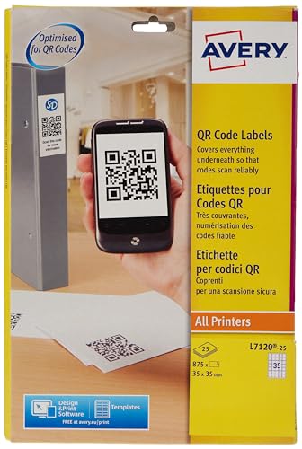 Avery Dennison L7120-25 QR-Code-Etiketten, quadratisch, blickdicht, Weiß, 20 Etiketten pro Blatt, 500 Etiketten 35 x 35 mm Avery Dennison L7120-25 QR-Code-Etiketten, quadratisch, blickdicht, Weiß, 20 Etiketten pro Blatt, 500 Etiketten 35 x 35 mm von Avery
