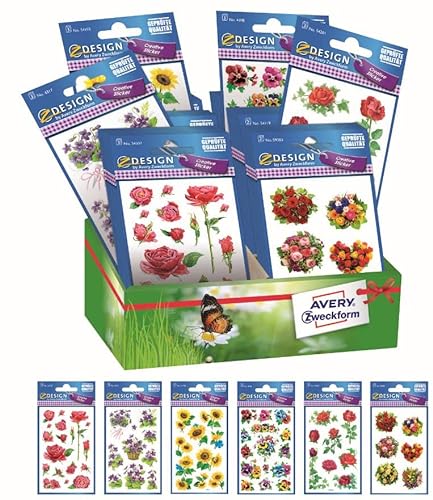 Avery España 48595 Sortiment 60 Blumenaufkleber auf Glanzpapier, 6 verschiedene Fantasie, 60 Aufkleber auf Kartonaufsteller von Avery España