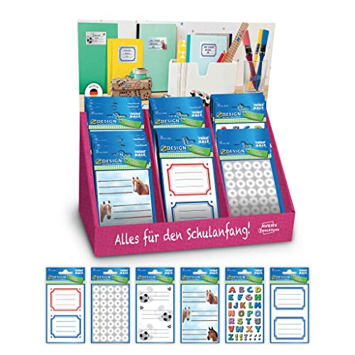 Avery España 48598 Sortiment 120 Aufkleber, zum Beschriften von Büchern, Notizbüchern und Schulmaterialien, 6 verschiedene Fantasien, 20 Stück je eins, insgesamt 120 Aufkleber auf Kartonaufsteller von Avery