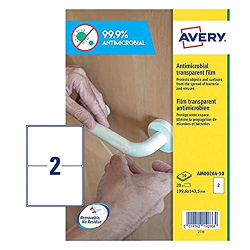 Avery España AM0P2A4 Antibakterielle Aufkleber, transparent, 199,6 x 143,5 mm, Box mit 20 Etiketten von Avery España