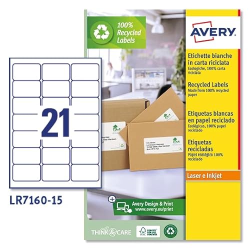 Avery España LR7160-15 Klebeetiketten, recycelt, 315 Etiketten, 63,5 x 38,1 mm, DIN A4, 15 Blatt von Avery España