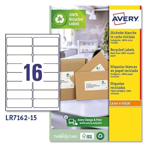 Etiketten aus weißem Recyclingpapier, 99,1 x 33,9 mm, 16 Etiketten pro Blatt, permanenter Aufkleber, Laserdrucker, 15 Blatt von AVERY