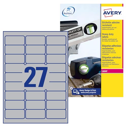 Avery España L6011-20 Klebeetiketten, wasserfest, Silber, 63,5 x 29,6 mm, Box mit 20 Blatt von Avery España