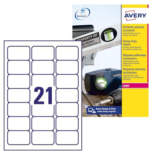 Avery Italia L7060-20 Klebeetiketten aus weißem Polyester, Etikettenformat 63,5 x 38,1 mm, 21 Etiketten pro Blatt, permanent klebend, Laserdrucker, 20 Blatt von Avery Italia