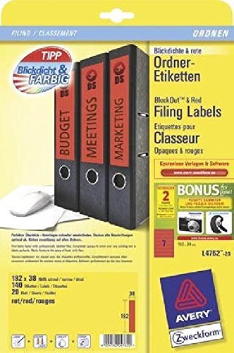 Ordner-Etiketten für schmale Ordner, kurz, rot, 192x38mm, 140 Etiketten Farbe rot Inhalt 140 Stück von Avery Zweckform®