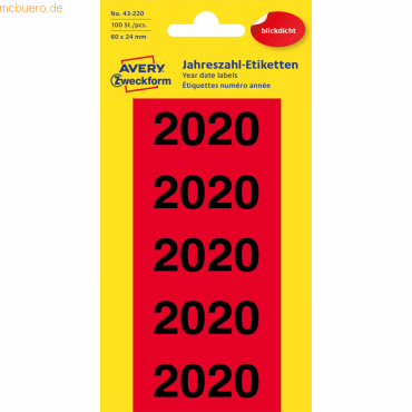 10 x Avery Zweckform Jahreszahlen 60x26mm 2020 rot VE=100 Etiketten 10 x Avery Zweckform Jahreszahlen 60x26mm 2020 rot VE=100 Etiketten von Avery Zweckform