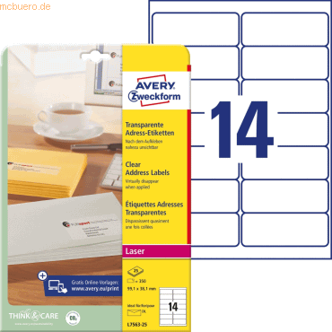 Avery Zweckform Adress-Etiketten 99,1x38,1 mm 25 Blatt/350 Etiketten t von Avery Zweckform