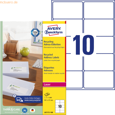 Avery Zweckform Adress-Etiketten Recycling A4 99,1x57mm VE=1.000 Etike Avery Zweckform Adress-Etiketten Recycling A4 99,1x57mm VE=1.000 Etike von Avery Zweckform