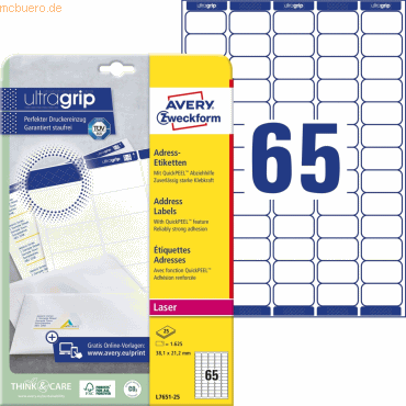 Avery Zweckform Adress-Etiketten ultragrip 38,1x21,2 mm VE=1.625 Etike Avery Zweckform Adress-Etiketten ultragrip 38,1x21,2 mm VE=1.625 Etike von Avery Zweckform