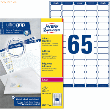 Avery Zweckform Adress-Etiketten ultragrip 38,1x21,2 mm VE=6.500 Etike Avery Zweckform Adress-Etiketten ultragrip 38,1x21,2 mm VE=6.500 Etike von Avery Zweckform