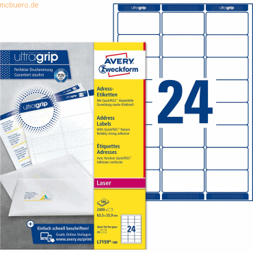 Avery Zweckform Adress-Etiketten ultragrip 63,5x33,9 mm VE=2.400 Etike von Avery Zweckform