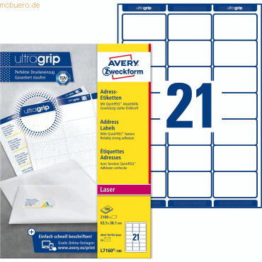 Avery Zweckform Adress-Etiketten ultragrip 63,5x38,1 mm VE=2.100 Etike Avery Zweckform Adress-Etiketten ultragrip 63,5x38,1 mm VE=2.100 Etike von Avery Zweckform