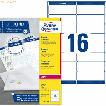 Avery Zweckform Adress-Etiketten ultragrip 99,1x33,9 mm VE=1.600 Etike Avery Zweckform Adress-Etiketten ultragrip 99,1x33,9 mm VE=1.600 Etike von Avery Zweckform