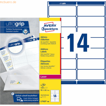 Avery Zweckform Adress-Etiketten ultragrip 99,1x38,1 mm VE=1.400 Etike Avery Zweckform Adress-Etiketten ultragrip 99,1x38,1 mm VE=1.400 Etike von Avery Zweckform
