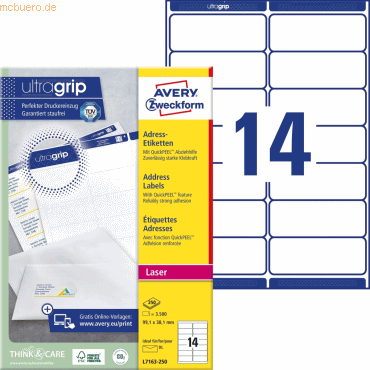Avery Zweckform Adress-Etiketten ultragrip 99,1x38,1 mm VE=3.500 Etike Avery Zweckform Adress-Etiketten ultragrip 99,1x38,1 mm VE=3.500 Etike von Avery Zweckform
