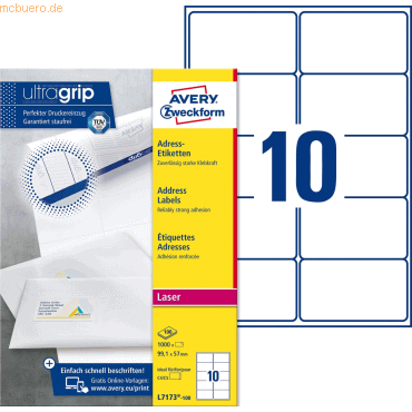 Avery Zweckform Adress-Etiketten ultragrip 99,1x57 mm VE=1.000 Etikett Avery Zweckform Adress-Etiketten ultragrip 99,1x57 mm VE=1.000 Etikett von Avery Zweckform