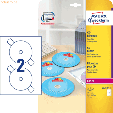 Avery Zweckform CD-Etiketten 117mm weiß VE=50 Stück Avery Zweckform CD-Etiketten 117mm weiß VE=50 Stück von Avery Zweckform