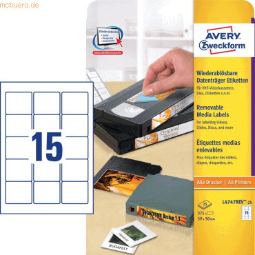 Avery Zweckform Disketten-Etiketten 59x50mm weiß VE=375 Stück wiederab Avery Zweckform Disketten-Etiketten 59x50mm weiß VE=375 Stück wiederab von Avery Zweckform