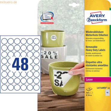 Avery Zweckform Etiketten 30mm rund wetterfest ablösbar Laser/Copy Pol Avery Zweckform Etiketten 30mm rund wetterfest ablösbar Laser/Copy Pol von Avery Zweckform