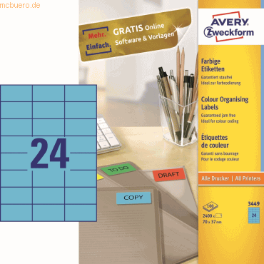 Avery Zweckform Etiketten 70x37mm blau VE=2400 Stück Avery Zweckform Etiketten 70x37mm blau VE=2400 Stück von Avery Zweckform