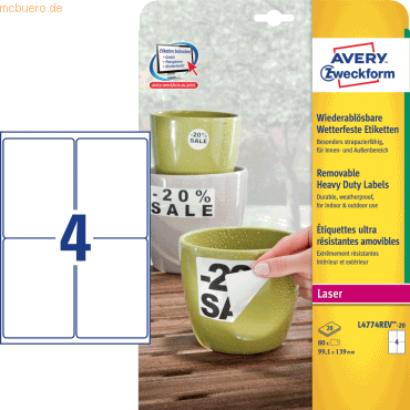 Avery Zweckform Etiketten 99,1x139mm wetterfest ablösbar Laser/Copy Po Avery Zweckform Etiketten 99,1x139mm wetterfest ablösbar Laser/Copy Po von Avery Zweckform